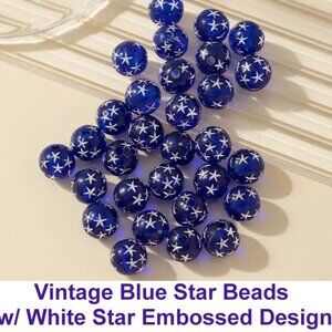Vintage Blue Star Beads with White Star Embossed Design 50 Beads - 8mm
